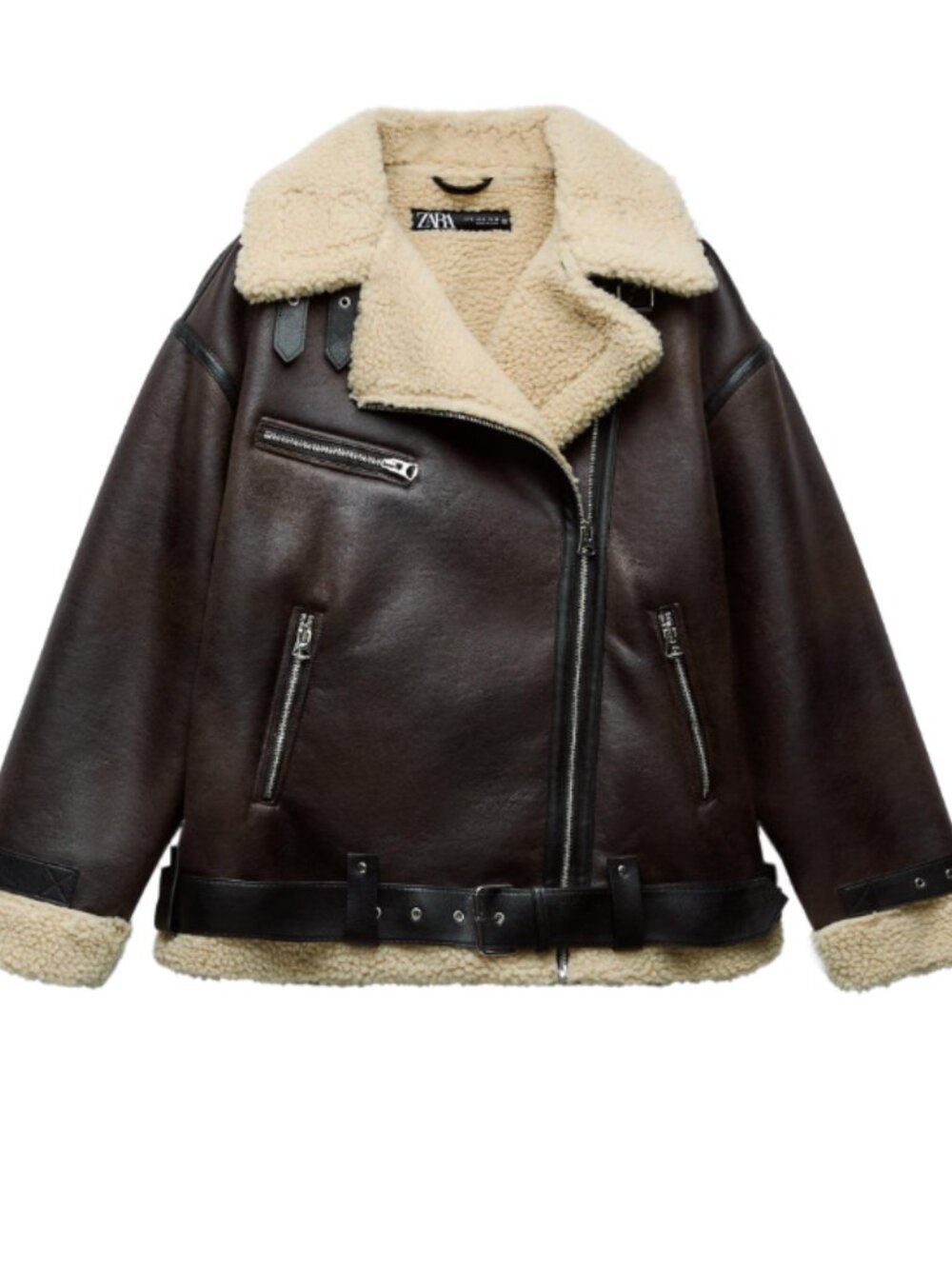 Zara Double Faced Faux Shearling Moto Jacket Brown S